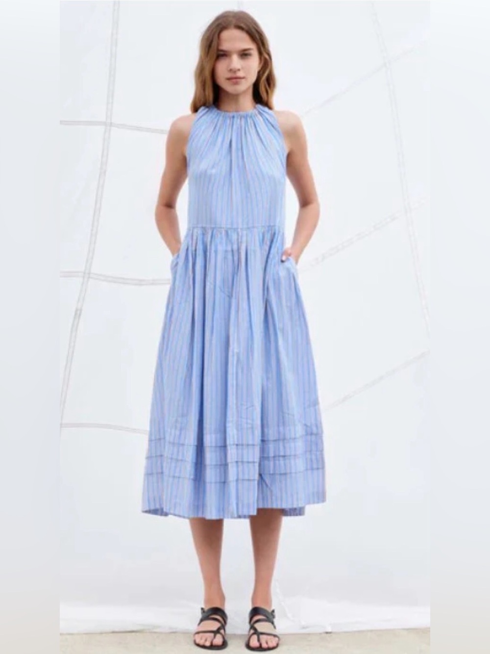 Sundry Waldorf Pleated Midi Dress Blue and White Stripes Coastal Nantucket Small